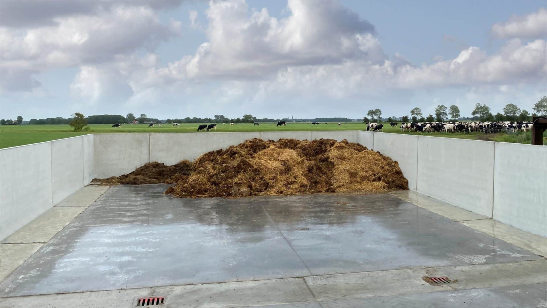 Fahrsilo mit Betonstützwänden und eingelagertem Mist im landwirtschaftlichen Außenbereich